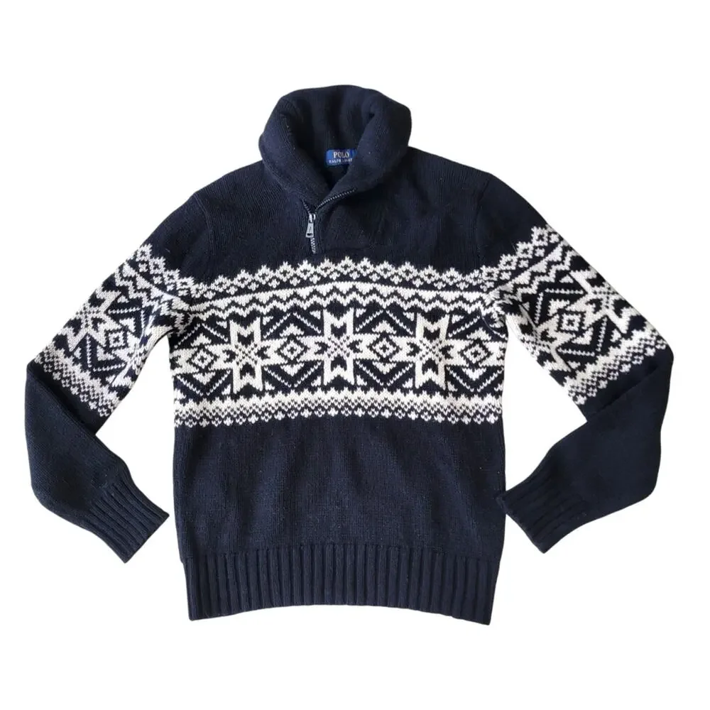 Polo Ralph Lauren Nordic Fair Isle 1/4 Zip Turtleneck Sweater Angora Mens Small